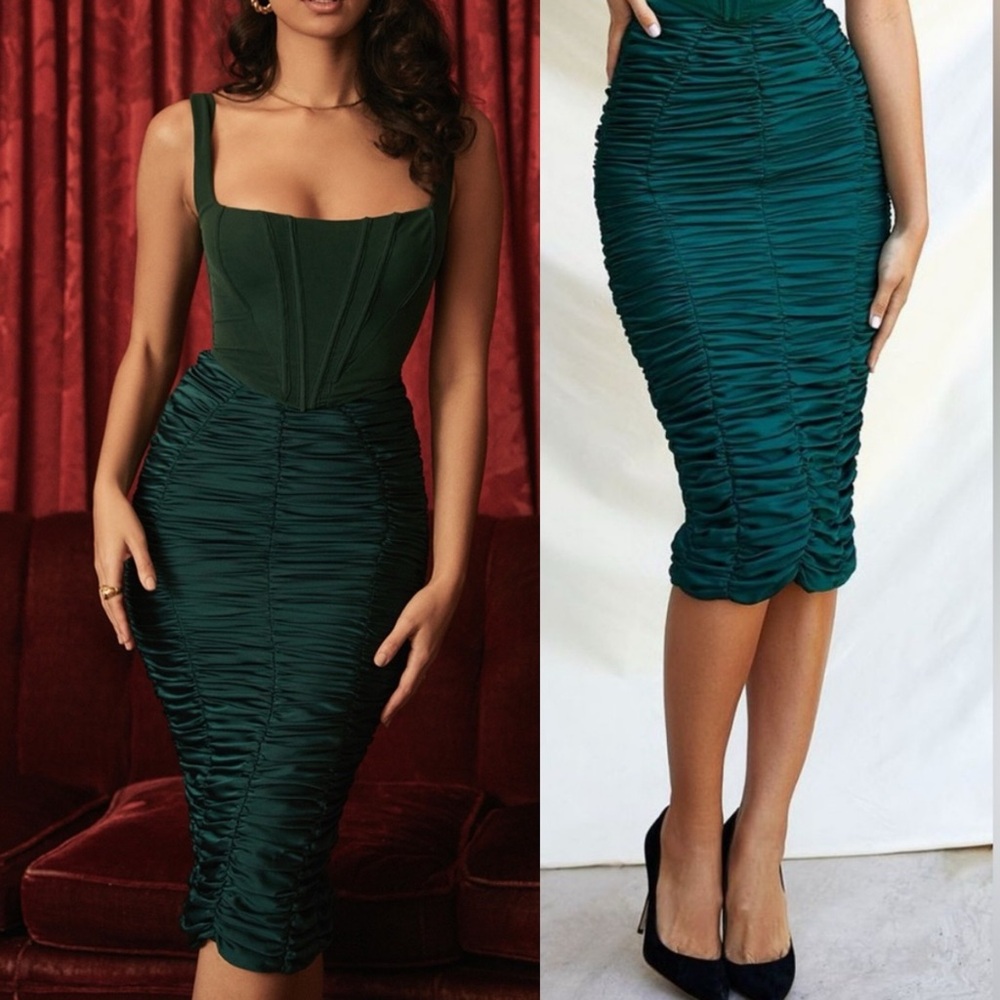 House of‎ CB- Mera EMERALD GREEN RUCHED MIDI SKIRT NWOT size S